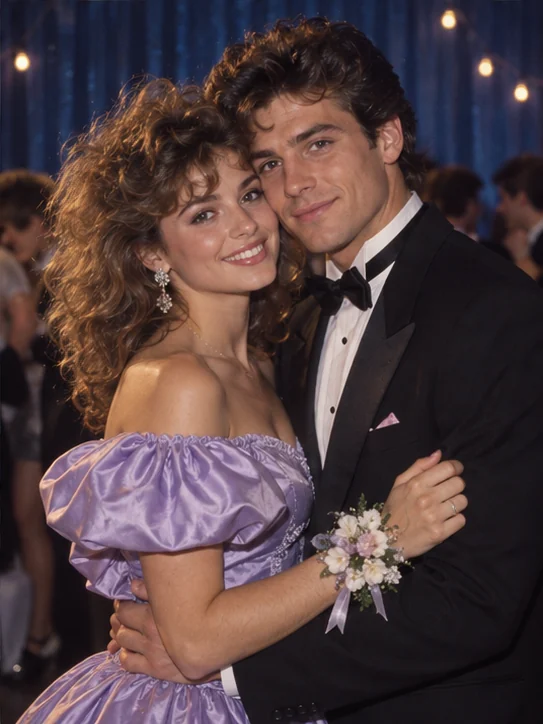 Nosso primeiro baile: Trajes de festa, flores no pulso e um abraço de álbum dos anos 80.
