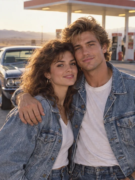 Nós, na estrada: Jeans combinando, um abraço e uma parada de viagem que vira lembrança.