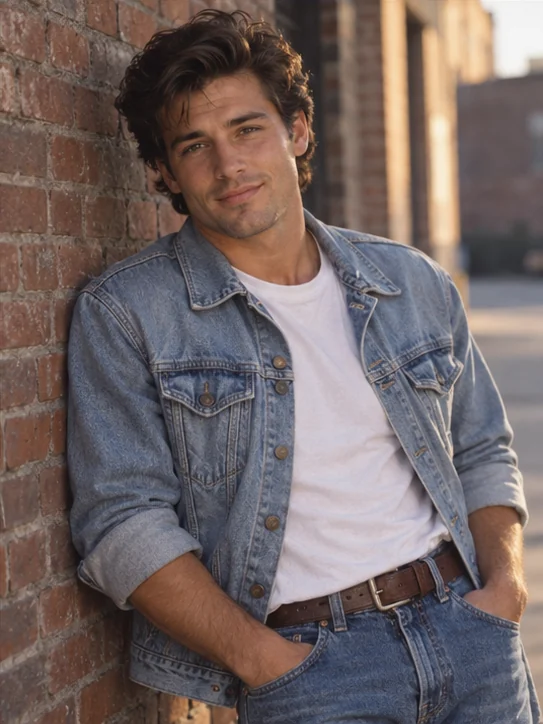Galã de jeans: Cabelo com volume, jeans e um retrato de galã de cinema.