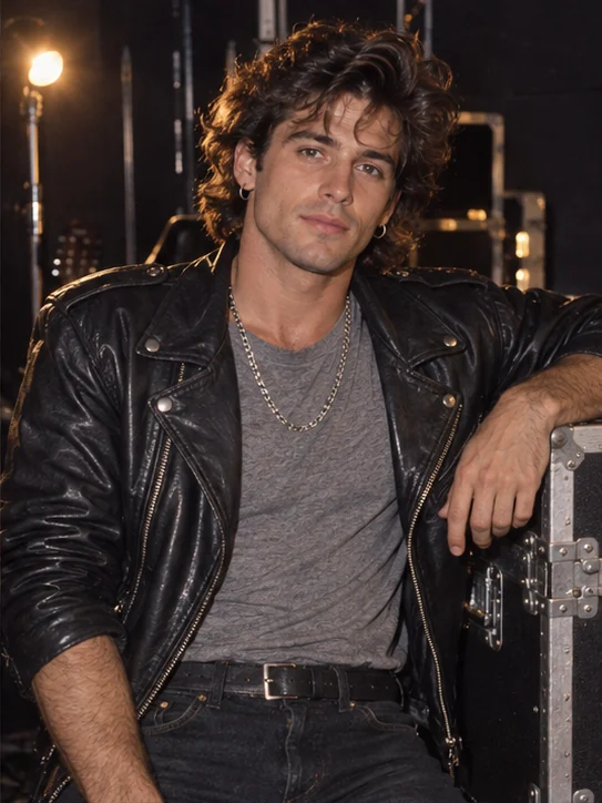 Vocalista de 1987: Couro, cabelo desalinhado e luz de bastidor. Pronto para o show.