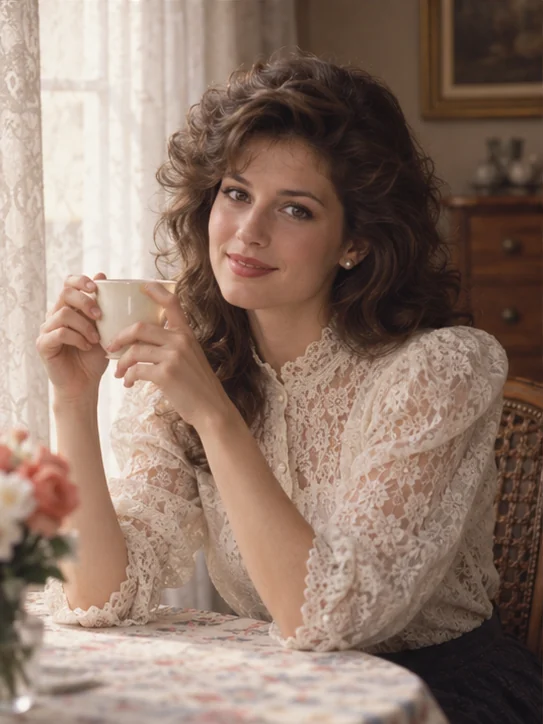 Romance de novela: Blusa de renda, cachos macios e luz de janela. Nostalgia delicada.